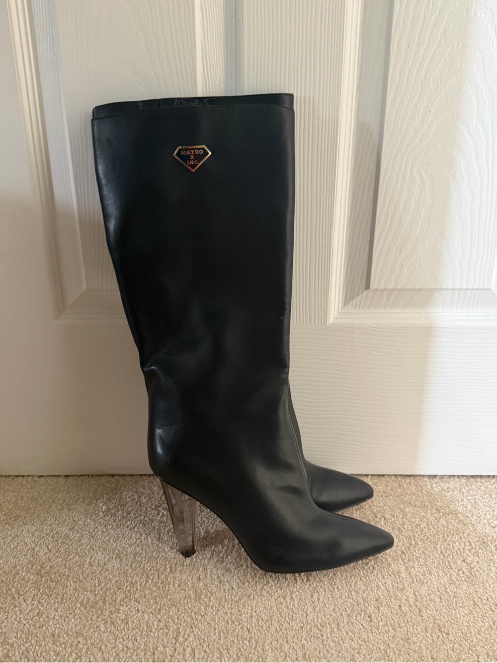 Brand Black Pointed Knee-High Boots with Metallic Heel